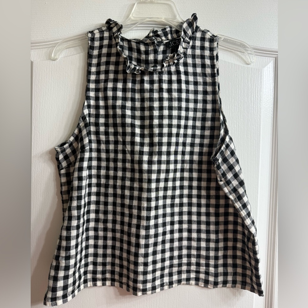 J. Crew Black and White Linen Gingham with Ruffle Collar